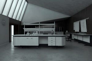 Na tym zdjęciu jest stół laboratoryjny wyspowy z nadstawką i zabudową szafkową