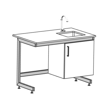 Na rysunku przedstawiono stół laboratoryjny ze zlewem i powierzchnią odkładczą na konstrukcji C