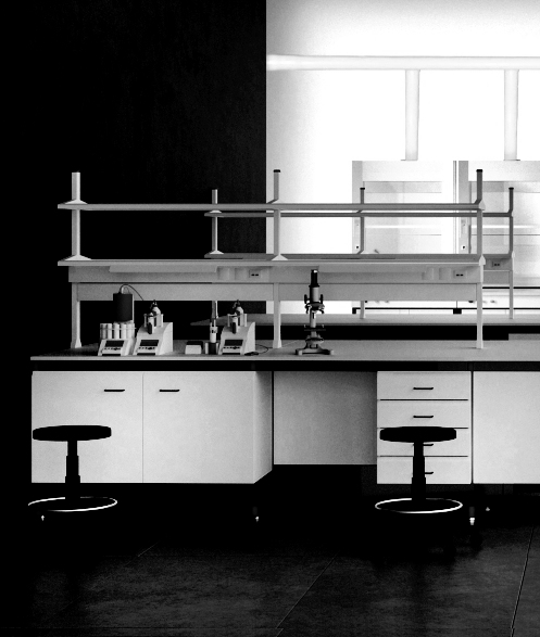 Na zdjęciu przedstawione są taborety do laboratorium z podnóżkiem i siedziskiem z poliuretanu w kolorze czarnym