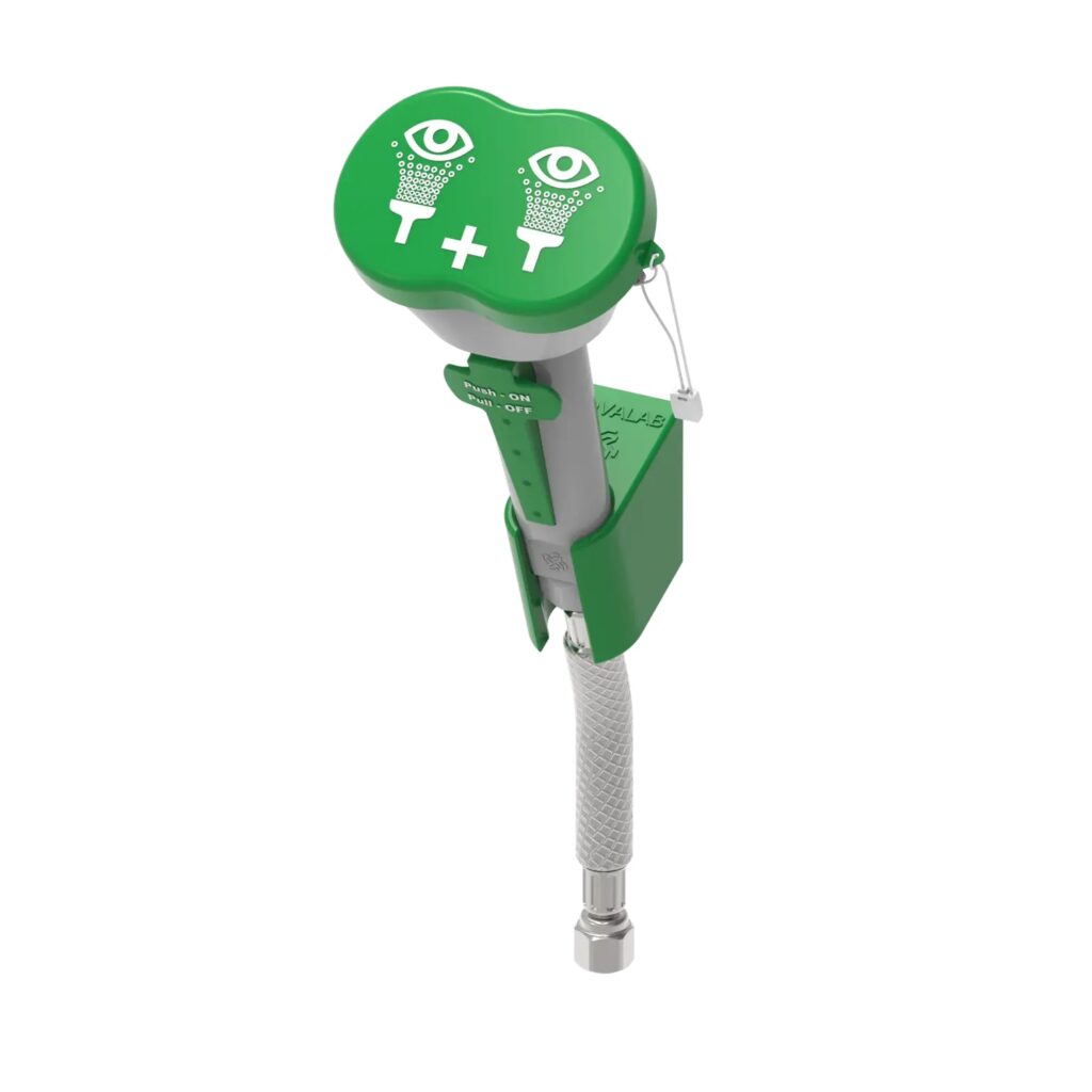 Na zdjęciu Oczomyjka laboratoryjna na ścienna novalab w kolorze szarym i zielonym